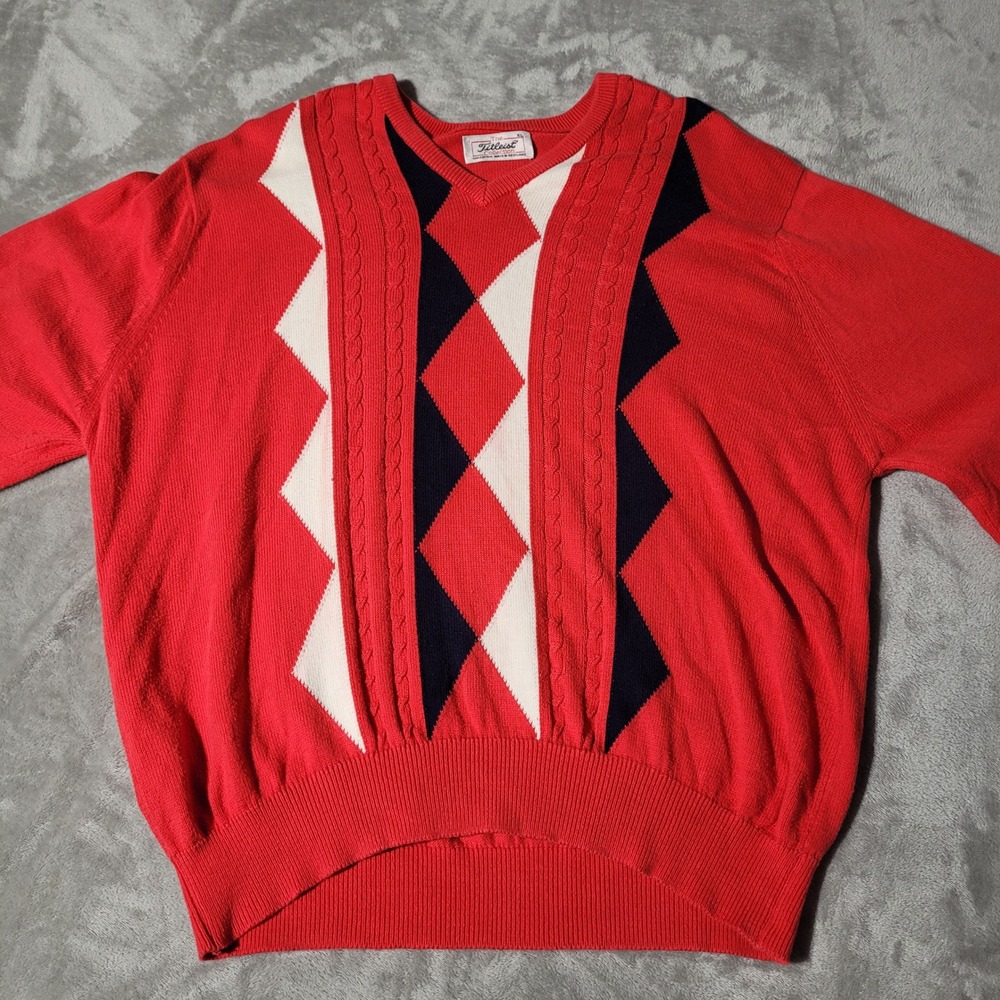 Titleist Golf Sweater Men's XL Red Argyle 100% Cotton Made in Scotland VTG